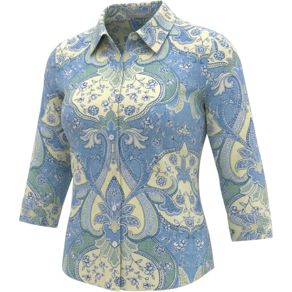 Womens Wrinkle Free Petite 8P Paisley Button Down Shirt Blue Green Floral Blouse